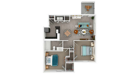 Floor plan for 2 beds, 1 bath, 861 sqft